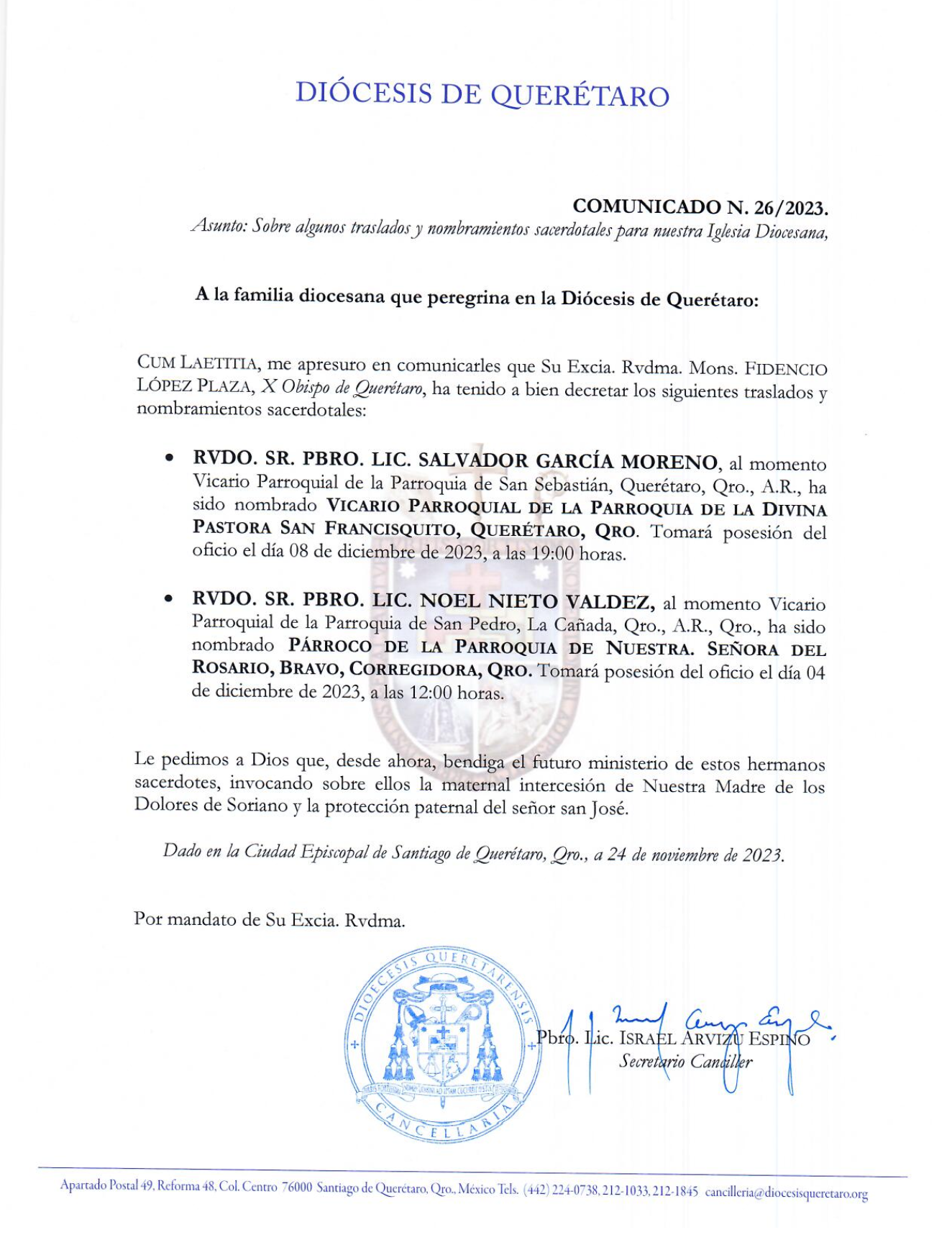 COMUNICADO N. 26/2023. Asunto: Sobre algunos traslados y nombramientos sacerdotales para nuestra Iglesia Diocesana.